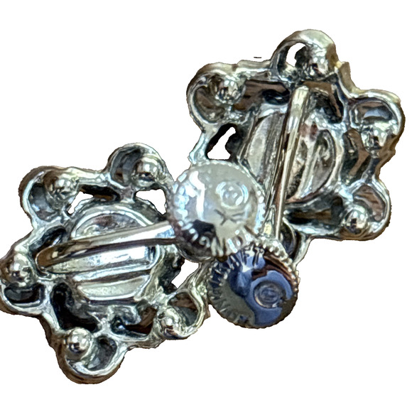 Vintage Longcraft Earrings Silver & Light Blue AB Rhinestones Round Screwbacks - Picture 5 of 6